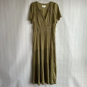 By Anthropologie size L The Somerset maxi dress green satin tiered short sleeve